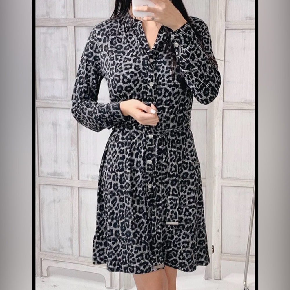 Michael Kors Button Down Leopard Print Dress with belt